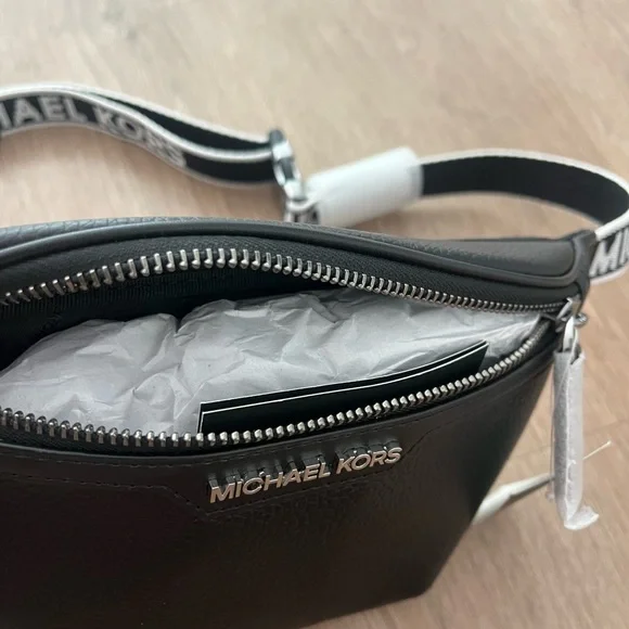 Michael Kors Black Pebbled Leather Logo Belt Bag with Branded Strap
